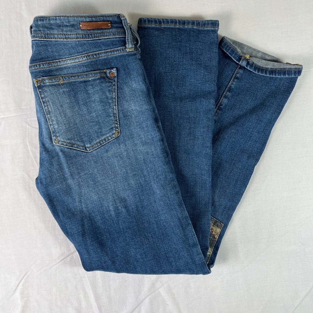 Pilcro Slim Boyfriend Jeans Womens 26 Blue Excellent Tapestry Patchwork Denim